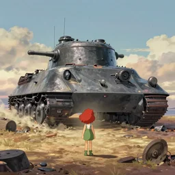 wholesome animation key shot, ultra wide, redhead alone explore an abandoned schwerer gustav!!!!, studio ghibli, pixar and disney animation, sharp, disney concept art watercolor illustration by mandy jurgens and alphonse mucha and alena aenami, pastel color palette, dandelion seeds, bloom!!! dramatic lighting