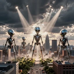 alien tripods destroying philadelphia, artstation, volumetric lighting