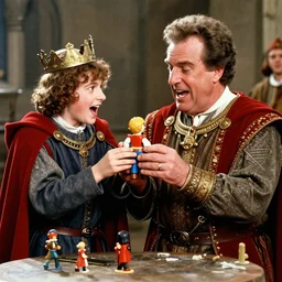 brightly lit historically inaccurate comedy medium shot film still of ( rudy giuliani plays king aethelbald ) king aethelbald steals king alfred's toy in a medieval comedy titled'the hijinx of king alfred ', directed by john landis, colorful lighting high contrast, hyperrealistic shocking detail trending on artstation 8 k
