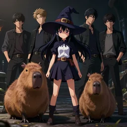 full body portrait character concept art, anime key visual of a little witch with her capybara mascot, cinematic lighting, dramatic atmosphere, by dustin nguyen, akihiko yoshida, greg tocchini, greg rutkowski, cliff chiang, 4 k resolution, octane render