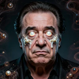 very detailed portrait of danny devito with pearl sphere glowing eyes + melting face skin + 4 k hyper details render + by alex grey + fractal mundelbulb intricate design + dramatic lighting + cinematography photography