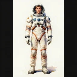male, elongated figure, space suit, sketch, large shoulders, short torso, long thin legs, tiny feet, character sheet, very stylized, illustration, watercolor shading,