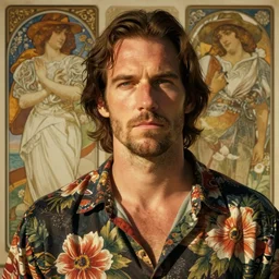 close up Max Payne in a floral shirt, sun shining, photo realistic illustration by greg rutkowski, thomas kindkade, alphonse mucha, loish, norman rockwell.