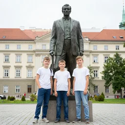 3 young boys standing next to the statue of andrej babis