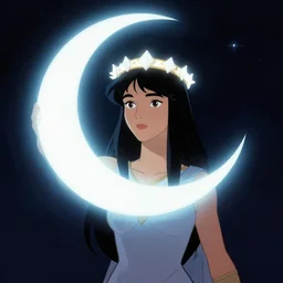 artemixel, the modern reincarnation of the old selenium greek god of hunt, also known as artemis the selene, carrying the celebrated crown of the crescent moon wich its usual bright and slightly bluish crescent like the brightness of the night, a portrait cartoon by moebius, character design, concept design