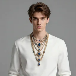 a character model design of a handsome young man wearing excessive jewelry in an ornate and elegant way