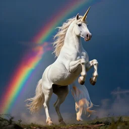 a unicorn standing on its back legs, rainbow in the background, dramatic lighting, cinematic, establishing shot, extremely high detail, photo realistic, cinematic lighting, post processed, concept art, artstation, matte painting, style by eddie mendoza, raphael lacoste, alex ross
