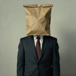 Man in a business suit with a bag covering his head, by Edward Hopper