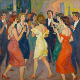 a vivid painting, party in the style of stefan norblin and francoise nielly