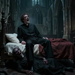 a portrait of man sitting in a bed, screaming. the bed is inside a gothic cathedral. under the bed is a hideous laughing demon dressed as a catholic priest. digital art, hyperrealistic, nightmare, terrifying, supernatural, highly detailed, creepy