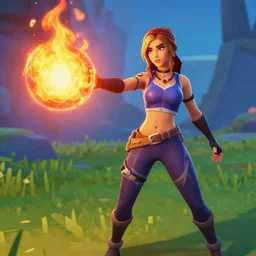 Fortnite style ; the sorceress casting a fire ball ; Fortnite style; thight clothes