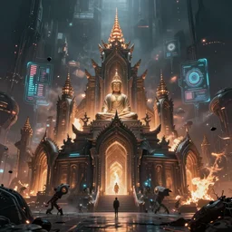 an beautiful render of an alien cyberpunk buddhist temple, futuristic glowing interface! bioluminescent accents!, post apocalyptic, concept art, riot, cinematic by zdislaw beksinski and fvckrender and visualdon trending on cgsociety unreal engine 5