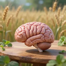5 5 mm photo of a human brain on a wooden table in a magical wheat field. fresh herbs. dof. bokeh. magical atmosphere. art by greg rutkowski. highly detailed 8 k. intricate. lifelike. soft light. nikon d 8 5 0.