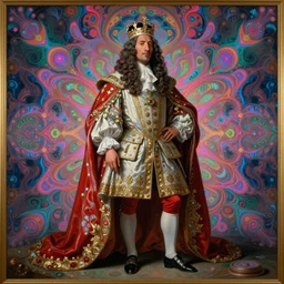 beautiful baroque oil painting, full length portrait of Dwayne the rock Johnson as Louis xiv in coronation robes 1701, Dan Mumford, Dan Mumford, Alex grey, Alex grey, highly detailed , lsd visuals, dmt fractal patterns, hallucinogen, visionary art, psychedelic art, ornate, vaporwave
