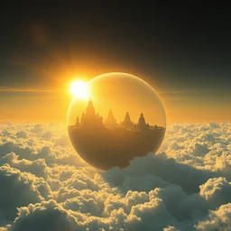 futuristic technologically advanced solarpunk planet, highly detailed, temples on the clouds, one massive perfect sphere, bright sun magic hour, digital painting, solid cube of light, hard edges, artstation, concept art, sharp focus, illustration, 8 k highly detailed, ray traced