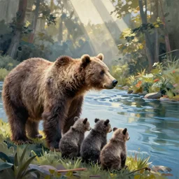 a mama bear with her cubs looking at the river, acrylic