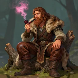 A pipesmoking druid with brown hair and beard sitting on a treestump. he wears a fur west and brown leather pants. the smoke from the pipe is pink. digital art
