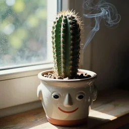 1980s magazine photo of potted cactus inside a ceramic pot with a face on it, next to a window with dappled natural light, smoky