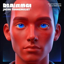 a close up of a red mans face with blue eyes, an album cover by jacob toorenvliet, featured on behance, cubo - futurism, rendered in cinema 4 d, sketchfab, rendered in maya, red shift, synthwave, by enguerrand quarton, by alesso baldovinetti, 3 d render, holography,