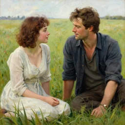 attractive bradley james and attractive colin morgan are in a meadow having an intimate talk about their lives. highly detailed painting by gaston bussiere, craig mullins, j. c. leyendecker 8 k