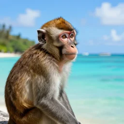 monkey staring out into the ocean on a tropical island, hyper detailed, hyper realistic, bright colors, beautiful