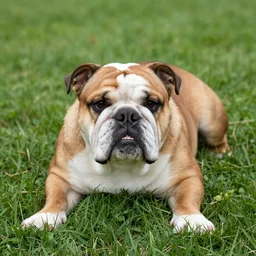 photo of a bulldog, lying on the grass
