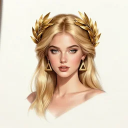 tattoo design sketch of cute beautiful blonde super model as aphrodite greek goddess wearing a gold laurel wreath and triangle earrings, beautiful piercing gaze with sharp pupils, in the style of greg rutkowski, fantasy, amazing detail, epic, elegant, smooth, sharp focus, front view