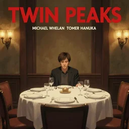 Twin Peaks poster artwork by Michael Whelan and Tomer Hanuka, Rendering of Kyle MacLachlan sitting alone empty at a fancy dinner table interior, clean, no people, from scene from Twin Peaks, full of details, by Makoto Shinkai and thomas kinkade, Matte painting, trending on artstation and unreal engine