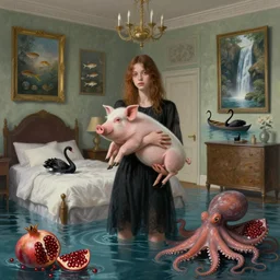 tall emo girl holding a pig in her flooded bedroom, pomegranates, octopus, luxury apartment, paintings on the walls, surreal photography, fish, zen, waterfall, black swans, canoe, berries, surrealist, digital painting, artstation, by simon stalenhag and magritte