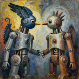 Oil painting by Rufino Tamayo. Mechanical gods with bird faces kissing. Oil painting by Joan Miro.