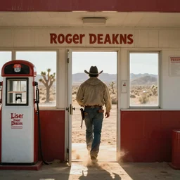 a cowboy going through the door of an old gas station, Joshua Tree Park, dust flying, cinematography by Roger Deakins in cinemascope