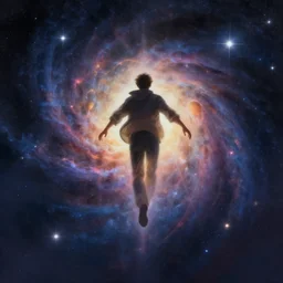 digital painting of a man ascending to galactical bliss, stars and nebulas behind, dynamic lighting, cinematic shot, concept art, sci - fi, fantasy, artstation