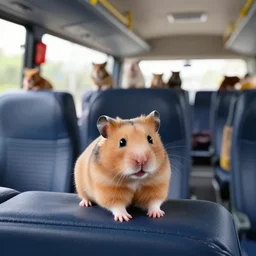 photo of a coach bus interior, a brown hamster is sitting on a seat, various poses, unedited, soft light, sharp focus, 8 k