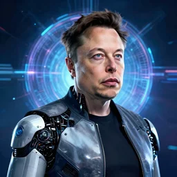 Elon Musk as a cyborg with a background representing the singularity of AI