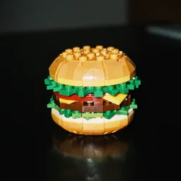 a LEGO hamburger, photograph in a dark room, low light 35mm