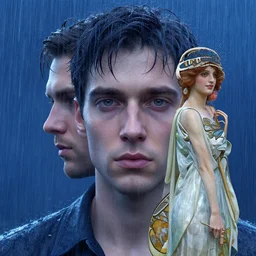 hyperrealist portrait in a blue rains by jeremy mann and alphonse mucha, fantasy, photorealistic, octane render, unreal engine, dynamic lighting, bet face, handsome man, beautiful, wlop, cute, perfect factions, perfect man, trending on artstation, poster, volumetric lighting, very detailed faces, 4 k, award winning