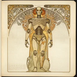 beautiful, symmetric, art nouveau, detailed, intricate technical drawings on parchment from 1 8 4 0 with extensive written labels and covered in scribbled pencil notes in open space, for a humanoid drawing robot, by ron cobb and alphonse mucha