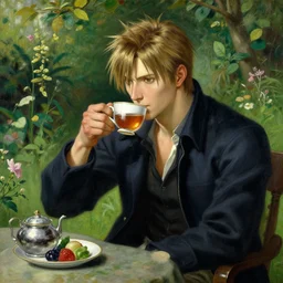 chris redfield drinking tea in the garden, painting by j. c. leyendecker