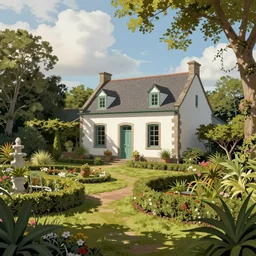 a typical house in a creole garden from reunion island illustration by petros afshar, victor mosquera, kurzgesagt style. colourful 2 d cartoon, matte background, luminescent. behance contest winner