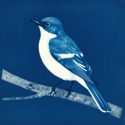 a blue and white bird sitting on top of a tree branch, an illustration of by laszlo moholy - nagy, behance, sosaku hanga, cyanotype, photoillustration, calotype