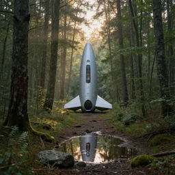 cargo spaceship in the forest, sunrise, puddles of water, by jakub rozalsky and simon stalenhag
