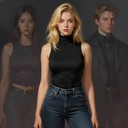 girl wearing black sleeveless turtleneck and jeans high waist, blonde hair. digital painting, by valerian city of a thousand planets, by ruan jin #, by mandy jurgens #, by artgerm #, william - adolphe bouguerea #