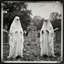 cemetery with ghosts : : old vintage photography, damaged photo, daguerreotype, black and white, archive, film artifacts, scratches, tears, hyperrealistic, ultra detailed