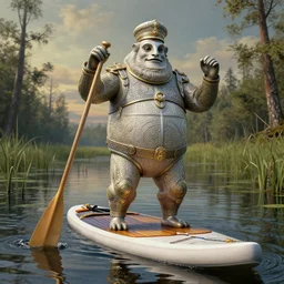 mr worf paddleboarding in swamp by highway man painting, photorealistic, high resolution, vray, hdr, hyper detailed, insane details, intricate, elite, ornate, elegant, luxury, dramatic lighting, octane render, weta digital, micro details, 3 d sculpture