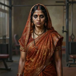 portrait painting of a nepali brahmin female in the gym, ultra realistic, concept art, intricate details, eerie, highly detailed, photorealistic, octane render, 8 k, unreal engine. art by artgerm and greg rutkowski and alphonse mucha