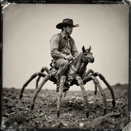tintype photo, bottom of the ocean, cowboy riding spider