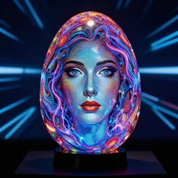 portrait of a plasma energy tron murano faberge candy glass egg designed by david chihuly. made up of glowing swirling electric pixels. tron world background. photo still by annie liebowitz