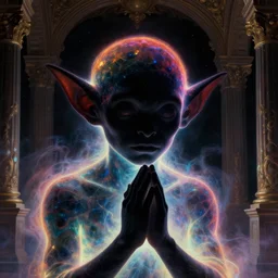 a close - up view portrait of a silhouetted cosmic goblin praying with iridescent glow - fi baroque neoclassicist halls. detailed textures. glowing colourful fog, dark black background. highly detailed fantasy fiction painting by moebius, norman rockwell, frank frazetta, and syd mead. rich colors, high contrast. artstation