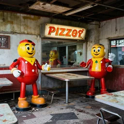 an abandoned pizzeria with animatronics resembling chuck e cheese's