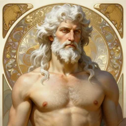 painted portrait of rugged zeus, greek god, 4 0 years old, handsome, white hair, soft hair, upper body, muscular, hairy torso, fantasy, intricate, elegant, highly detailed, digital painting, artstation, concept art, smooth, sharp focus, illustration, art by alphonse mucha